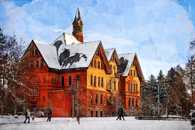 drawing of MT Hall in winter