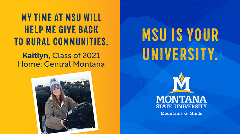 Montana Recruitment piece digital graphic featuring Kaitlyn, a Class of 2021 student from Central Montana