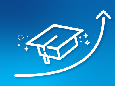 Icon of a graduation hat with an arrow pointing up to indicate an increase in college enrollment
