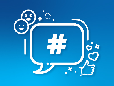 Icon of a speech bubble, hearts, thumbs up and other images associated with social media