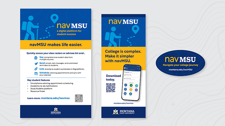 nav MSU print graphics including a retractable banner, flyer, and sticker