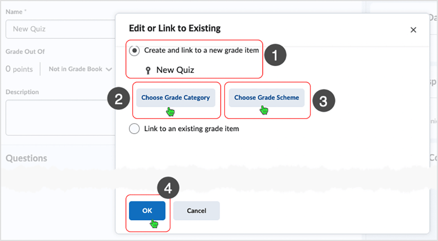 Brightspace screenshot 20.22.12 - detail related to selecting the "Create and link to a new grade item" option