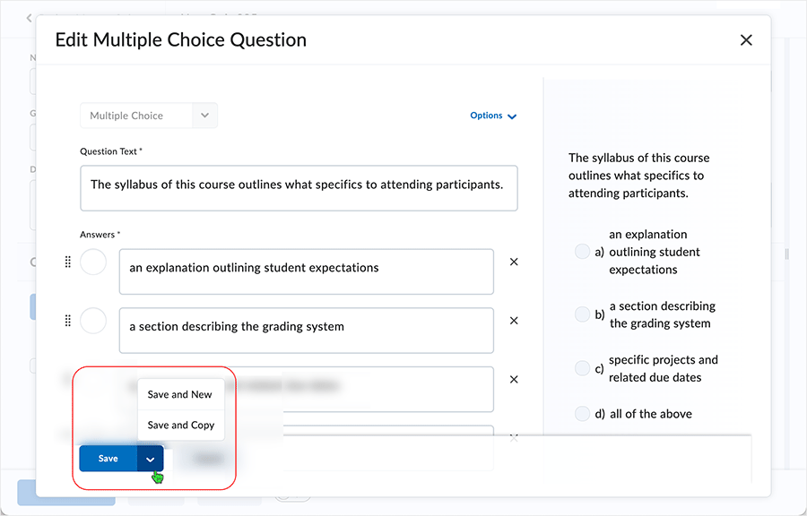 Brightspace screenshot 20.22.12 - select a question to edit it - selecting produces a page with an "Edit <em>type-of-question</em> Question" title - "Save" choices are available