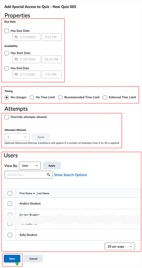 Brightspace screenshot 20.23.01 - setting up parameters related to special access