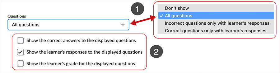 Brightspace screenshot 20.23.02 - selections available via the contextual drop menu associated with "Questions" and the displayed questions variables