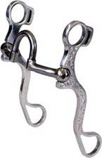 a shiny metal curb bit with long shanks on either side, a central straight bar with a horseshoe shaped prong in the middle, and rings at the ends for attaching reins