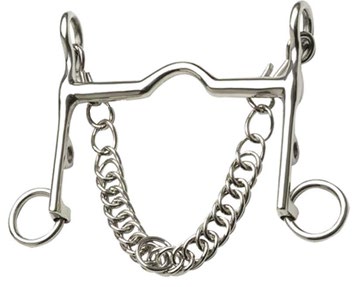 a metal mouthpiece with a bump in it, a curb chain hanging beneath it, and rings connected on either side of the end shanks