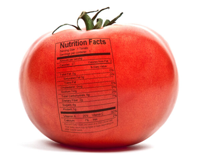 A picture of a tomato with nutrition facts printed on it.