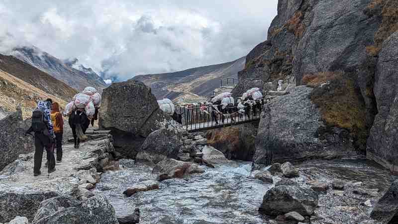 Catching up with the Dzos while crossing a bridge