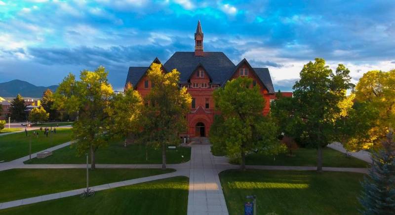 Aerial mage of Montana Hall on a sunny day