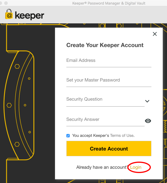 Screenshot showing small yellow Login link